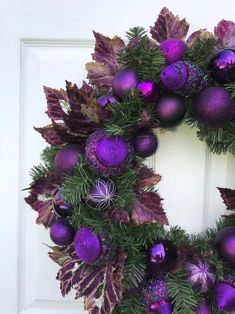 Purple Wreath Winter Wreath Ornament Wreath Front Door | Etsy Purple Christmas Tree Decorations, Purple Christmas Wreath, Purple Christmas Decorations, Wreath For Christmas, Door Wreath Christmas, Purple Christmas Tree, Purple Wreath, Wreath Project, Wreath Ornament