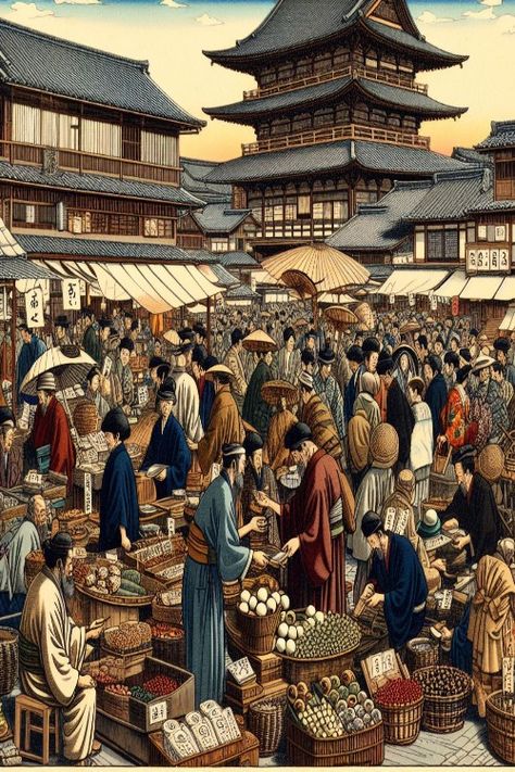 Edo Market Scene Check more: https://paintlyx.com/edo-market-scene/ Edo Japan Architecture, Edo Period Japan Architecture, Edo Era Japan, Edo Castle, 18th Century Aesthetic, Edo Japan, Edo Period Japan, Village Drawing, Social Project