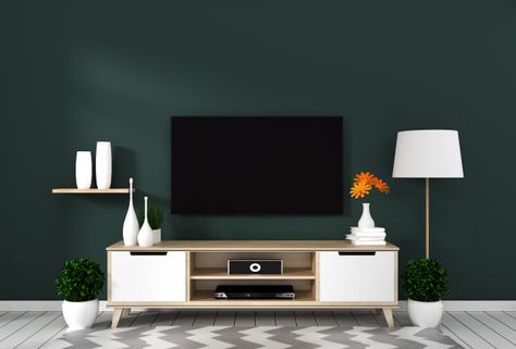 Smart tv with blank screen hanging on the wall dark green on white wooden floor mockup. 3d rendering Premium Photo Green Walls Living Room, White Wooden Floor, Dark Green Living Room, Feature Wall Living Room, Green Accent Walls, Living Room Wall Color, Dark Green Walls, Blank Screen, Room Wall Colors