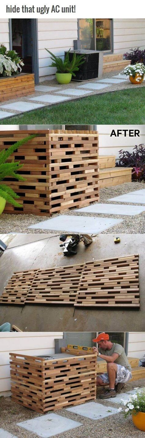 Wooden AC Screens Come In a Variety of Styles | Outdoor Eyesore Hiding Ideas Pallet Landscaping Ideas, Cement Planters, Yard Project, Side Yard, Back Patio, Wooden Pallets, Backyard Oasis, Diy Backyard, Outdoor Projects