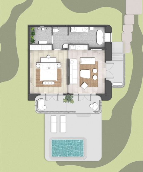 Small Villa Layout, The Standard Hotel Hua Hin, Small Villa With Pool Floor Plan, Resort Villa Plan, Resort Room Design, Resort Villa Design, Mini Villa Design, Small Villa Plan, Beach Villa Floor Plan