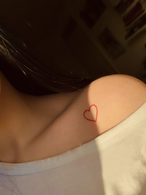 Red Only Tattoo, Red Heart Tattoo On Shoulder, Heart Tattoo Over Heart, Red Heart Shoulder Tattoo, Heart On Shoulder Tattoo, Red Heart Tattoo On Chest, Red Ink Heart Tattoo, Heart Tattoo On Shoulder, Heart Back Tattoo