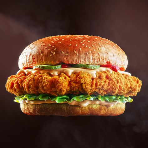 Chicken Zinger, Food Illustration Design, Food Videography, Burger Menu, Popular Side Dishes, Homemade Burgers, Food Projects, Burger Buns, Personal Project