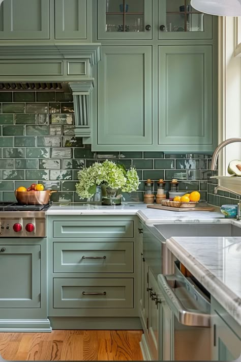 Sage Green Cabinets, Cabinet Color Ideas, Kitchen Cabinet Color, Green Kitchen Designs, Kitchen Cabinet Color Ideas, Sage Green Kitchen, Green Kitchen Cabinets, Minimalist Kitchen Design, Cabinet Color