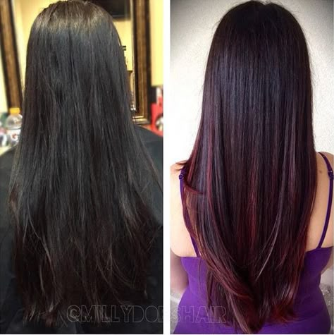 Red balayage Soft Red Highlights On Black Hair, Black And Red Balayage Straight Hair, Mahogany Balayage Straight Hair, Bayalage Brunette Straight Hair Long, Black And Red Balayage, Pelo Color Vino, Red Balayage Hair, Wine Hair Color, Red Balayage