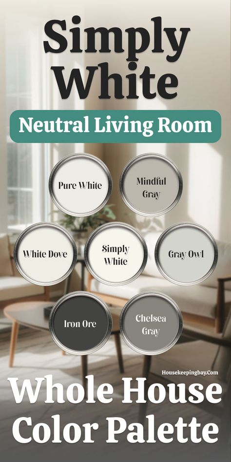 Neutral Living Room Paint Color Palette based on Simply White for the Whole House Neutral Living Room Paint Colors, Top Neutral Paint Colors, Neutral Living Room Paint Color, Gray Owl Paint, Neutral Living Room Paint, Sherwin Williams Extra White, Earthy Living Room, Color Palette Living Room, Mindful Gray