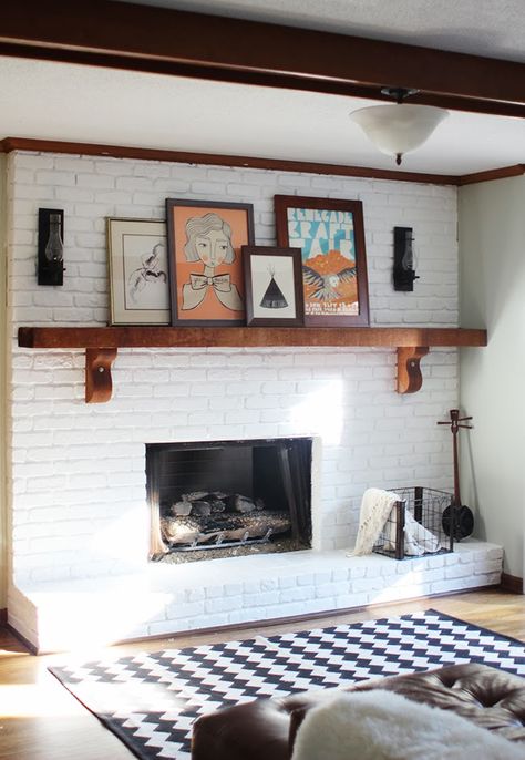 Project Home: Fireplace Makeover Brick Fireplace Wall, Wood Mantle Fireplace, White Brick Fireplace, Painted Brick Fireplace, Painted Brick Fireplaces, Wood Mantle, Brick Fireplace Makeover, Look Wallpaper, Ideas Hogar