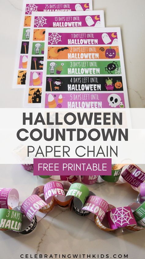 Create a fun Halloween countdown paper chain with our free printable! Simply print, cut, and assemble the strips to help your kids count down the days to Halloween in a creative way. Countdown Paper Chain, Paper Chain Countdown, Thanksgiving Paper, Counting For Kids, Paper Chain, Spooky Stories, Halloween Countdown, Paper Chains, Themed Crafts