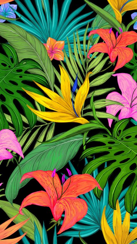 Iphone Wallpaper Tropical, Tropical Flowers Pattern, Tropical Painting, Tropical Wallpaper, Art Tropical, Tropical Art, Painted Leaves, Aesthetic Painting, Flower Art Painting