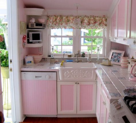 Pink Retro Kitchens | Pink And White Kitchen, Pink Retro Kitchen, Retro Pink Kitchens, Rooms Decoration, Pink Cabinets, Shabby Chic Decorating, Chic Kitchen Decor, Shabby Chic Kitchen Decor, Cottage Shabby Chic