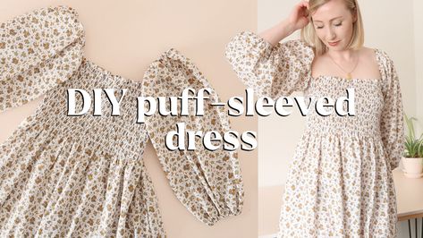 DIY Puff-Sleeve Dress | AD — Rosery Apparel Drawstring Waist Dress Sewing Pattern, Puff Sleeve Dress Pattern Free Sewing, Free Puff Sleeve Dress Pattern, Puff Sleeve Dress Sewing Pattern, Shirred Dress With Sleeves, Diy Shirred Dress, Diy Sleeves On Dress, How To Shirring Fabric, Rosery Apparel