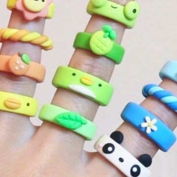 Small Crafts, Clay Rings, Animal Rings, Chunky Rings, Kawaii Aesthetic, Polymer Clay Creations, Kawaii Art, Polymer Clay Crafts, Drawing Tips