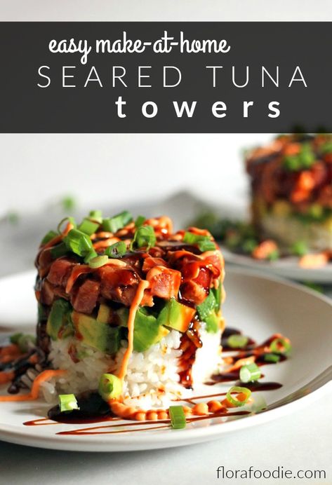 Spicy Seared Tuna Tower Recipe - Flora Foodie Tuna Tower Recipe, Sushi Sauces, Tuna Tower, Fasting Schedule, Sushi Sauce, Sushi Recipes Homemade, Tuna Sushi, Seared Tuna, Sesame Sauce