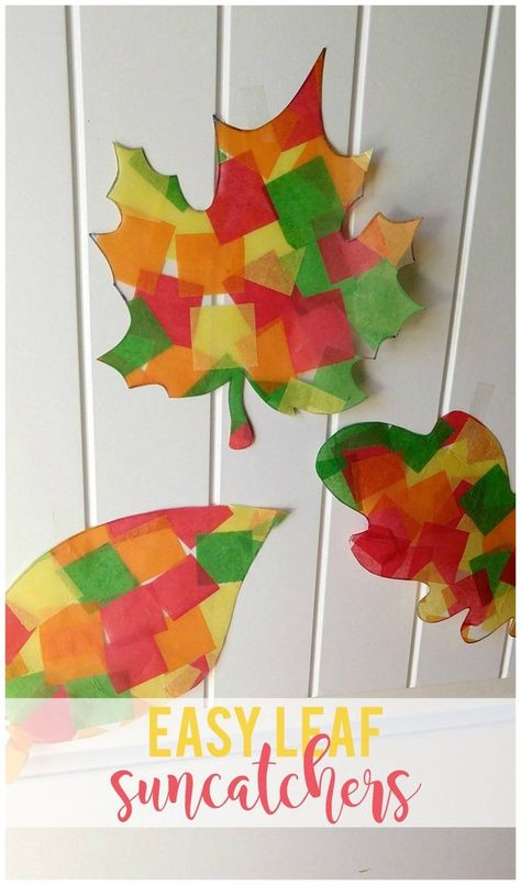 Easy leaf suncatchers made using contact paper and tissue paper is the perfect fall kids craft. Tissue Paper Crafts For Kids, Fall Suncatchers, Leaf Suncatchers, Contact Paper Crafts, Tissue Paper Craft, Summer Arts And Crafts, Paper Leaf, November Crafts, Tissue Paper Crafts