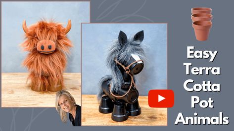 Terra Cotta Pot Highland Cow and Clay pot Horse/Terra Cotta Pot Crafts Pot Animals, Terra Pot, Diy Terra Cotta Pots, Cow Craft, Terra Cotta Pot Crafts Diy, Clay Pot Projects, Flower Pot People, Clay Pot People, Terra Cotta Pot