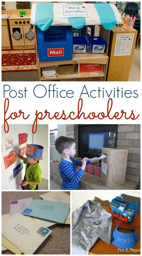 Post Office Activities for Preschool. Learn about the post office and mail at home or in your preschool classroom with these fun activities. Post Office Activities, Post Office Play, Office Printables, Community Helpers Preschool Activities, Office Activities, Dramatic Play Themes, Community Helpers Theme, Pre K Pages, Community Helpers Preschool