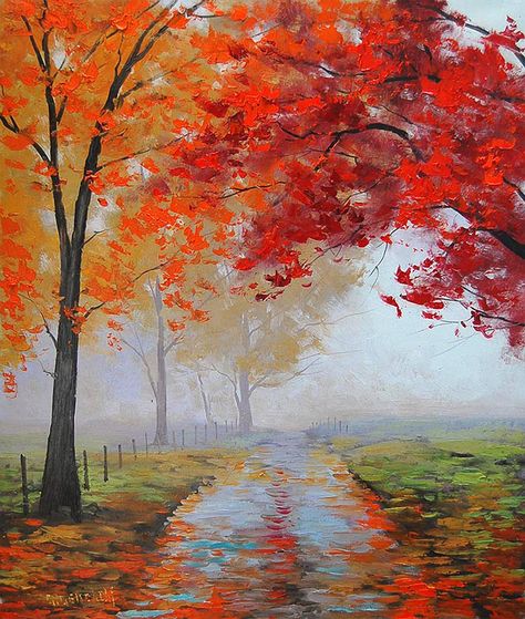 Road through the mist by artsaus.deviantart.com on @deviantART Misty Road, Trees With Red Leaves, Graham Gercken, Road Art, Realistic Oil Painting, Hur Man Målar, 수채화 그림, Red Leaves, Autumn Painting