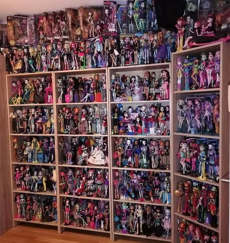 Monster High Collection Aesthetic, Doll Collection Aesthetic, Monster High Shelf, Aesthetic Shelfs, Doll Collection Room, Monster High Room, Monster High Collection, Gothic Decor Bedroom, Monster High School