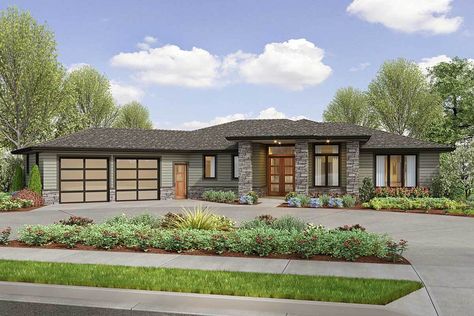 Single-Story 3-Bedroom Contemporary Prairie Ranch Home with Angled Garage (House Plan) House Siding Ideas Exterior Ranch, Prairie Ranch House, Contemporary Ranch Home, Modern Prairie Home, Angled Garage, Prairie Design, Prairie House, Bedroom Contemporary, Prairie Style Houses