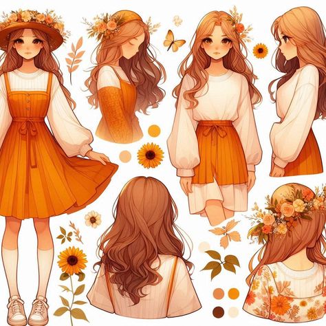 Fall outfit idea... Warm themed... Flowery.. Orengey Red Dress Drawing Character Design, Fall Outfits Drawing Reference, Yellow Outfits Drawing, Fox Inspired Outfit, Fall Character Design, Cartoon Outfits Ideas, Character Design Outfits, Fall Festival Outfits, Fall Festival Outfit