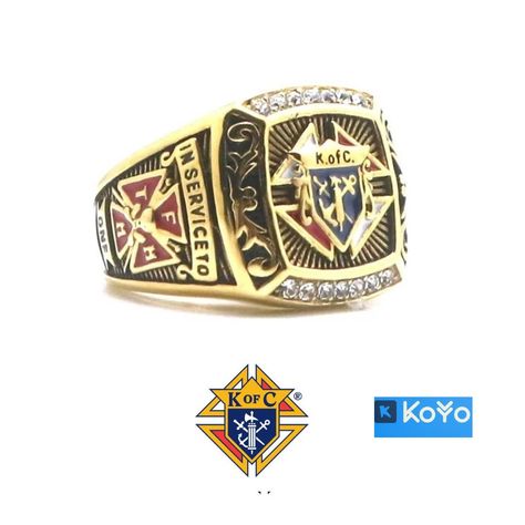 Based on the description provided, the image appears to be a gold ring with an emblem on it. The emblem on the ring bears the text "NSERVICE TO" and "K.ofC." The initials "K.ofC." are commonly used to refer to the Knights of Columbus, a Catholic fraternal organization that is devoted to charity work and community service. The phrase "NSERVICE TO" likely refers to the organization's motto, which is "In Service to One, In Service to All." Knights Of Columbus, The Brotherhood, Islamic Jewelry, Signet Rings, Detailed Design, Ring Sale, Ring Crafts, Potato Soup, Fraternity