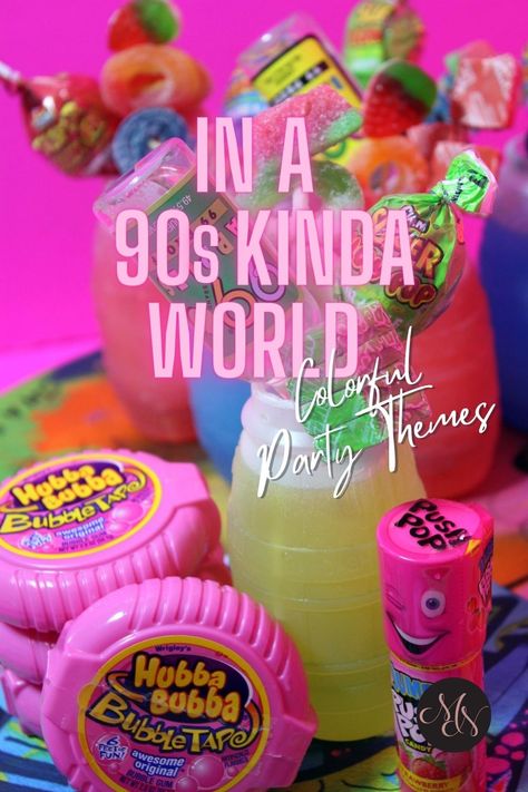 Vintage candy cocktails for our 90s party theme. Colorful and vibrant party decor. #90saesthetic #partycocktails #curatedcocktails #decorativedrinks 90s Theme Candy Table, 90s Themed Cocktails, 90s Cookout Theme Party, 90s Candy Bar Party Ideas, 90s Theme Party Decorations For Adults, 90 Theme Party, African Y2k, Early 2000s Birthday Party Theme, 90s Cocktails