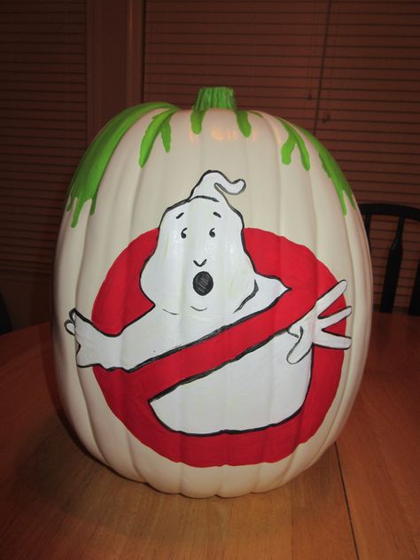 This is the Ghostbusters inspired pumpkin I painted for my husband's surprise party.  I used glow in the dark paint on the ghost too! Pumpkin Painting Ideas Ghost, Painting Ideas Ghost, Disney Pumpkin Painting, Halloween Pumpkin Crafts, Creative Pumpkin Painting, Creative Pumpkin Decorating, Dekorasi Halloween, Pumpkin Decorating Contest, No Carve Pumpkin Decorating