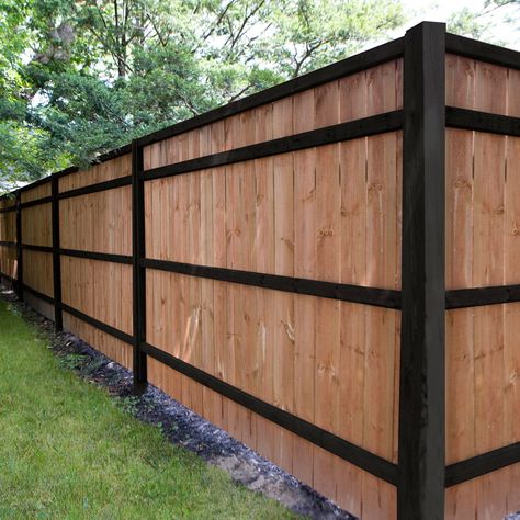 Black And Cedar Fence, Diy Wood Privacy Fence, Fence Stain Ideas, Inexpensive Privacy Fence, Wood And Metal Fence, Inexpensive Privacy Fence Ideas, Privacy Fence Ideas, Decorative Fence Panels, Diy Backyard Fence