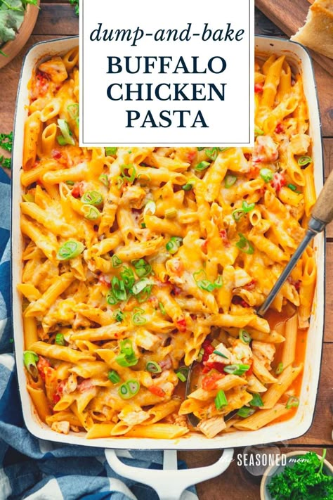 A cheesy buffalo chicken pasta bakes entirely in one dish! The zesty and flavorful dinner comes together with just 10-minutes of prep time, thanks to the convenient dump-and-bake method. Perfect for busy weeknights! Dump And Bake Buffalo Chicken Pasta, Dump Pasta Bake, Dump And Bake Recipes, Buffalo Chicken Pasta Bake, Buffalo Pasta, Chicken Orzo Pasta, Chicken Noodle Bake, Baked Chicken Parm, Cheesy Buffalo Chicken