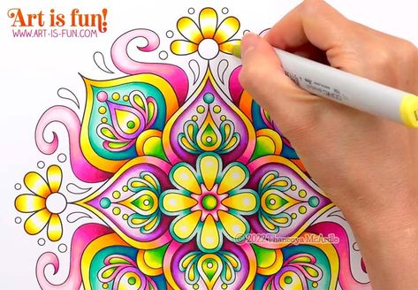 Learn easy alcohol marker techniques for creating eye-catching art! Follow along as I color in this luminescent mandala using alcohol markers Coloring Flowers With Markers, What To Do With Alcohol Markers, Coloring With Alcohol Markers, Alcohol Markers Techniques, Alcohol Markers Art Ideas, Copic Marker Drawings, Colored Pencil Art Projects, Alcohol Ink Markers, Marker Drawing