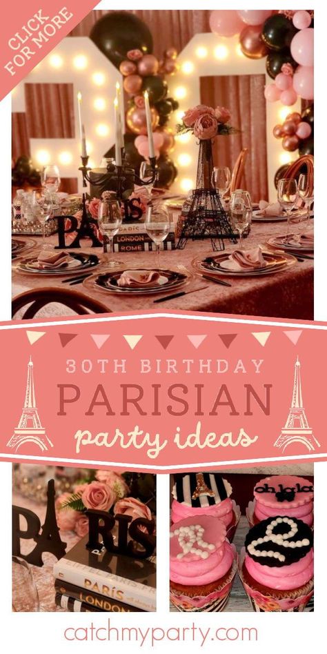 Take a look at this stunning Parisian party! The decorations are fabulous! See more party ideas and share yours at CatchMyParty.com Emily In Paris Party Theme, Parisian Style Party, A Night In Paris Theme, Parisian Themed Party, 34 Birthday, Parisian Birthday, Parisian Birthday Party, Parisian Party Theme, Paris Birthday Theme