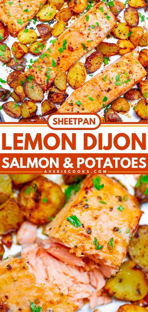 Sheet Pan Lemon Dijon Baked Salmon and Potatoes, salmon dishes, simple dinner recipes Baked Salmon And Potatoes, Salmon And Potatoes, Salmon Recipes Oven, Recipes With Chicken And Peppers, Potato Dinner, Dinner Snacks, Salmon Potato, Jambalaya Recipe, Baked Salmon Recipes