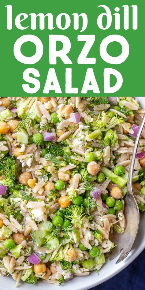 This Lemon Dill Orzo Broccoli Salad is packed with veggies, whole wheat orzo and salty feta cheese.  Everything is mixed with an easy lemon dressing, making this vegetarian broccoli salad satisfying and flavorful! Each serving is packed with 13 grams of protein! This salad is great for a potluck side dish or a healthy and filling vegetarian lunch! #orzosalad #broccolisalad #vegetarianrecipe #mealpreplunch Orzo And Broccoli Recipe, Lemon Dill Orzo, Dill Orzo, Orzo Broccoli, Vegetarian Broccoli Salad, Dill Salad Recipe, Garbanzo Salad, Raw Broccoli Salad, Lemon Orzo Salad