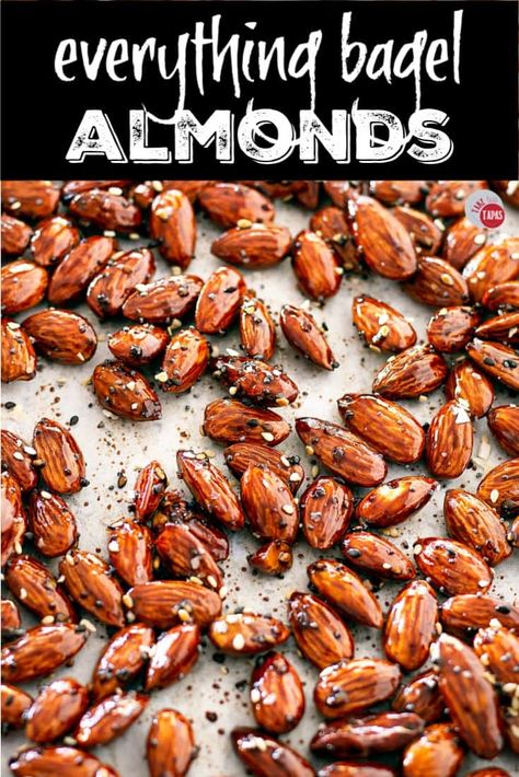 Savory and garlicky Everything Bagel Almonds Everyone loves a snack of healthy nuts and my Everything Bagel Almonds are just that!  Savory, garlicky, oniony, a tad salty, and sesame seeds for texture. #almonds #candied #roasted #everythingbagel #seasoned #baked #toasted #recipes Savory Almonds Roasted, Roasted Nuts Recipe Savory Keto, Everything Bagel Almonds, Almonds Air Fryer, Diy Flavored Almonds, Spiced Almonds Recipe Savory, How To Season Almonds, Seasoned Roasted Almonds, Roasted Flavored Almonds