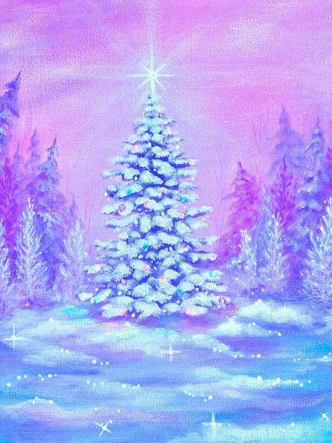 Fantasy Acrylic Painting February Painting Ideas, Christmas Purple Aesthetic, Painting Ideas Galaxy, Snowglobe Art, Easy Christmas Painting, Pastel Acrylic Painting, Fantasy Acrylic Painting, Sparkle Painting, Beginner Acrylic Painting