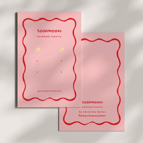 Red Squiggle Retro Earring Display Card Jewelry Pop Up, Pink Background Template, Filler Designs, Diy Earring Cards, Binder Filler, Earring Cards Template, Art Fair Display, Etsy Packaging, Experiential Design