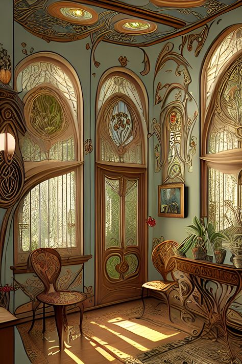 Art Nouveau Conservatory, Art Nuevo Interior Design, Art Nouveau House Interior, Art Noveau Houses Exterior, Art Nouveau Interior Living Room, Art Noveau Interiors, Art Nouveau Cottage, Art Nouveau Decor Interior Design, Art Nuevo Interior