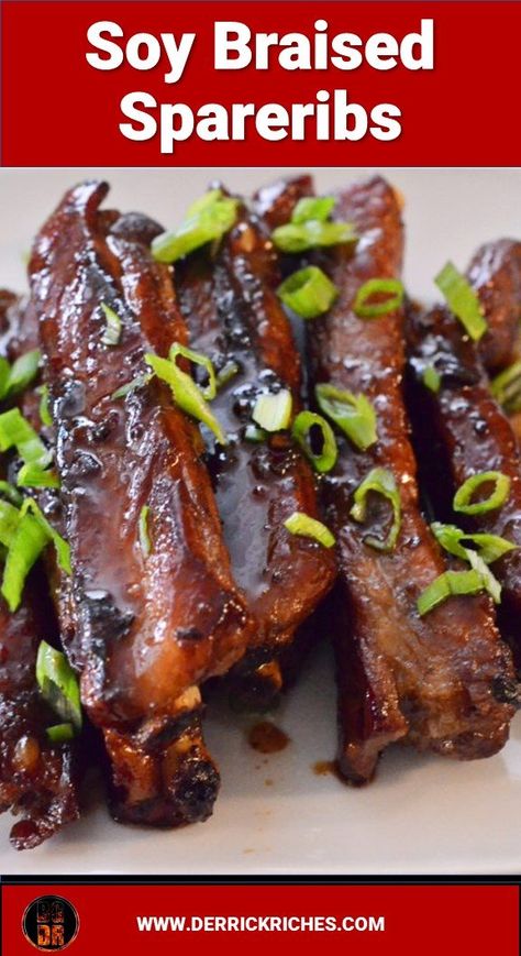 Soy Braised Spare Ribs - These soy braised spare ribs are tender and flavorful. Braising caramelizes the sauce and yields a rich, mildly sweet, umami flavor. via @derrickriches Braised Spare Ribs, Asian Ribs Recipe, Rib Sauce, Pork Spare Ribs, Pork Rib Recipes, Barbecue Ribs, Grilled Pork Chops, Braised Pork, Steamed Vegetables