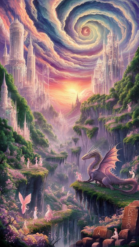 Step into a vibrant fantasy world where mythical creatures evoke wonder beneath a swirling sky. Towering crystal citadels and luminescent forests beckon exploration, while a majestic dragon and delicate fairies create a whimsical atmosphere. This stunning art print combines Impressionism, Romantic architecture, Surrealism, and Art Nouveau, merging nature and magic in a breathtaking visual narrative. Perfect for fantasy art lovers! Majestic Dragon, Fantasy Realm, Ancient Runes, Fairies Dancing, Color Study, Crystal Dragon, Magical Art, Color Studies, Enchanted Forest