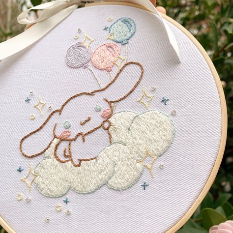 Sanrio Embroidery Pattern, Sanrio Sewing Pattern, Cinnamoroll Embroidery, Sanrio Embroidery, Chibi Embroidery, Cloud Balloons, Kawaii Embroidery, Embroider Ideas, Embroidery Cute