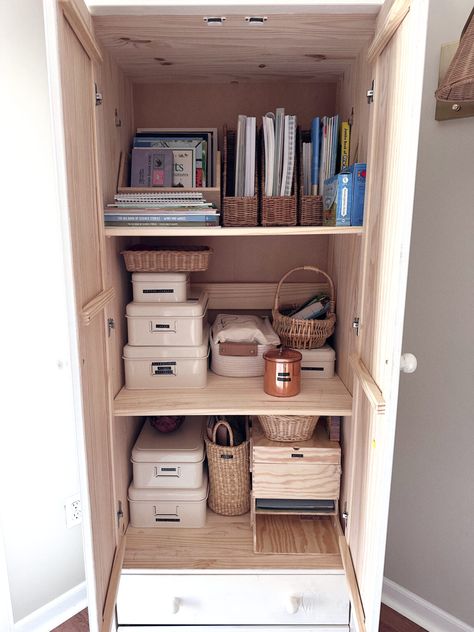 Our Homeschooling Journey - Showit Blog Homeschool Teaching Ideas, Homeschool Cabinet, Homeschool Closet, Office Closet Organization, Organize Homeschool Supplies, Organized Homeschool, Closet Office Organization, Homeschool Supplies, Rattan Storage