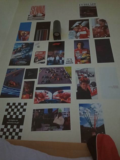 Formula One Room Aesthetic, F1 Themed Bedroom, F1 Aesthetic Room, F1 Wall Decor, Ferrari Room Decor, Formula 1 Room Ideas, F1 Inspired Room, F1 Room Decor Aesthetic, Car Room Aesthetic