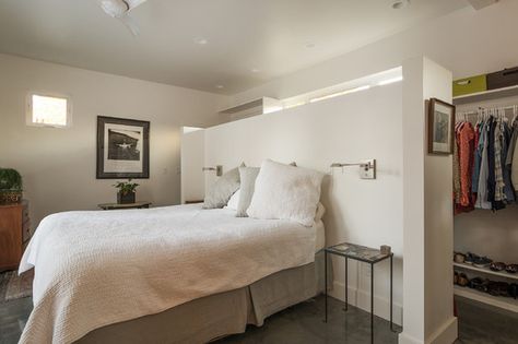 Contemporary Bedroom by Lucy Call Walk In Closet Behind Bed, Wardrobe Behind Bed, Walk In Closet Ikea, Closet Behind Bed, Murphy Bed Plan, Wall Behind Bed, Bedroom Divider, Walk Through Closet, Murphy Bed Ideas