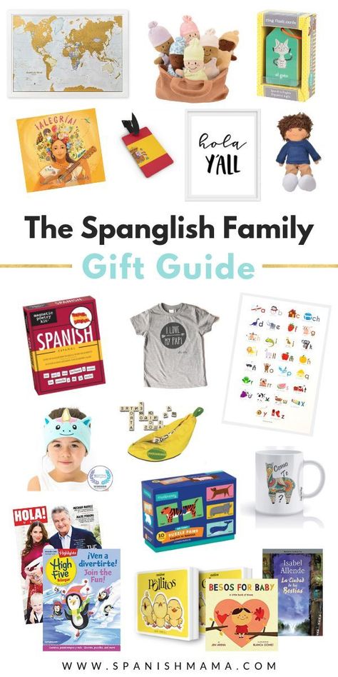 Awesome gift ideas for Spanglish families and bilingual kids. There's something for everyone on this list!  #christmas #navidad #gifts #giftguide #regalos #bilingualkids #multicultural #spanish via @eealvarado Gift Ideas From Kids, Family Gift Guide, Spanish Teacher Resources, Preschool Spanish, Learning Spanish For Kids, Spanish Basics, Rainy Day Fun, Elementary Spanish, Future Family