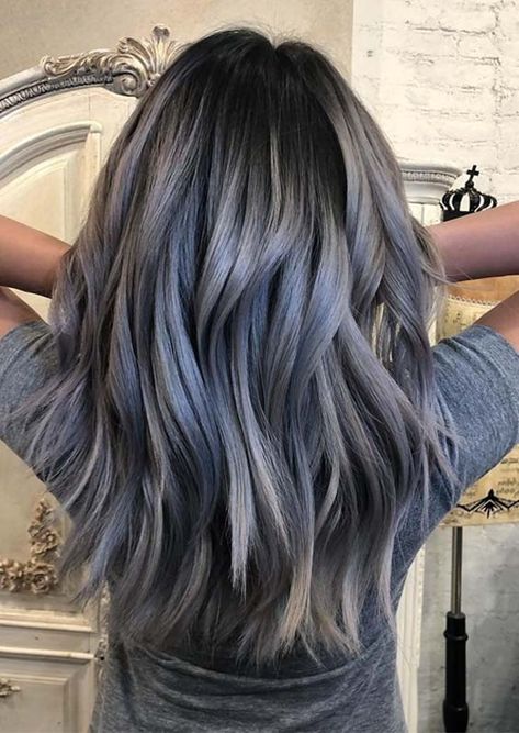 Gorgeous Steel Blue Balayage Hair Color Ideas to Follow in 2019 | Stylezco Blue Balayage Hair, Short Gray Hair, Blue Balayage, Balayage Hair Grey, Blue Grey Hair, Balayage Hair Color Ideas, Trend Ideas, Ash Hair, Ash Hair Color