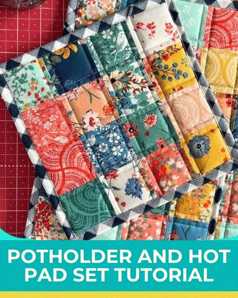 Potholder and Hot Pad Set Tutorial Pot Holder Quilted Tutorials, How To Sew Hot Pads, Quilted Hot Pads Sewing Patterns Free, Homemade Hot Pads, Making Pot Holders, How To Make Pot Holders, Quilted Hot Pads Patterns Free, Potholders To Sew Free Pattern, Mini Charm Pack Projects