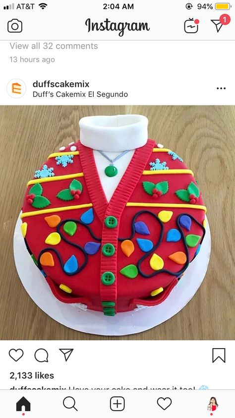 Ugly sweater cake Ugly Sweater Cake Ideas, Ugly Christmas Sweater Cake Ideas, Ugly Sweater Cookies Ideas, Christmas Sweater Cake, Ugly Sweater Party Food, Roller Coaster Cake, Ugly Sweater Christmas Party Ugly Christmas Sweater, Ugly Christmas Sweater Cake, Ugly Sweater Cake