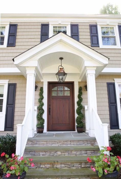 Portico Entry With Stairs, Portico On Colonial House, Front Steps Colonial House, Stone Portico Front Entrances, Front Door Stairs Entrance, Front Portico Ideas, Portico Entry Colonial, Portico Styles, Front Door Overhang Entrance