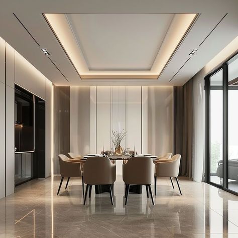 Modern Dining Room Design with Sleek Black Accents and Minimalist Decor Minimalist Dining Room Table, Pik 2, Brown Leather Chairs, Dining Room Design Modern, Black And White Color Scheme, Minimalist Dining Room, Minimalist Tables, Ceiling Design Modern, Dining Room Interiors