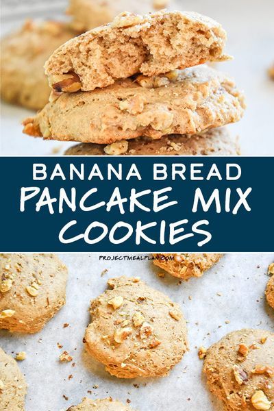 What do you get when you combine cookies, banana bread, and pancake mix? You get these deliciously super soft and fluffy Banana Bread Pancake Mix Cookies! No flour, baking soda, or baking powder required! #pancakemixcookies #pancakemix #bananacookies Pancake Mix Banana Bread, Pancake Mix Cookie Recipe, Pancake Mix Cookies, Fluffy Banana Bread, Cookies No Flour, Cookies Banana, Banana Bread Pancakes, Protein Pancake Mix, Banana Bread Cookies